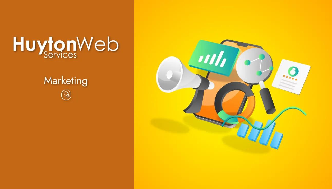 Huyton Web Service logo with title marketing and marketing tools like loud speaker, mobile phone, graphs and search tools