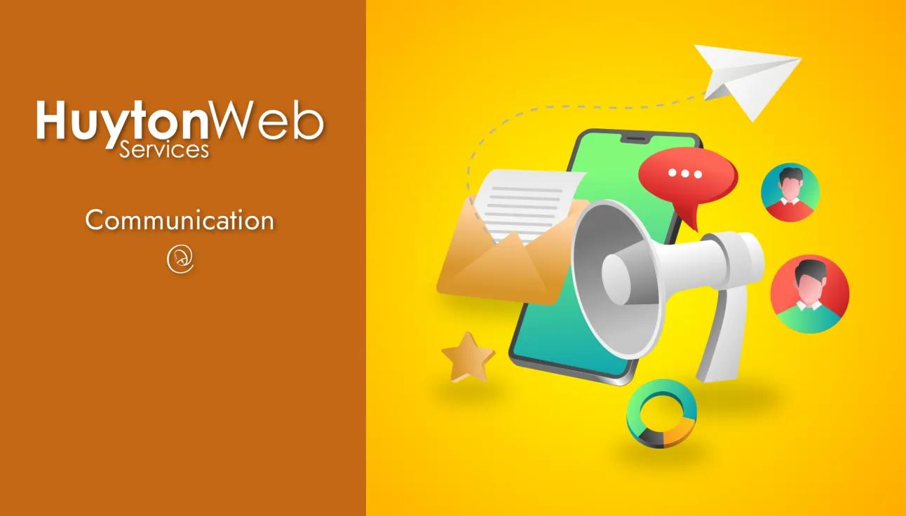 Huyton Web Service logo with title Communication on the left while mobile phone and other types of communication are on the right